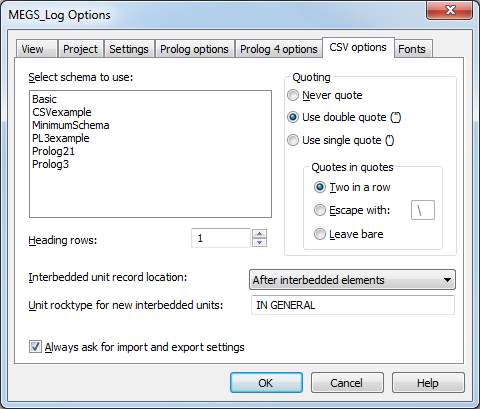 Options dialog box, CSV options tab