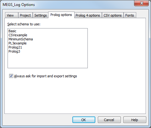 Options dialog box, Prolog settings tab